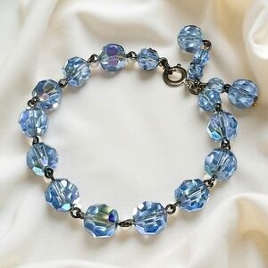 Vintage‎ Blue AB Faceted Crystal Glass Beaded Bracelet Dangle Beads MCM 7.5"